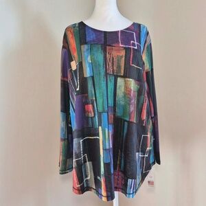Jess & Jane NWT Artsy Abstract Made In USA Multicolor Collage Disco Shirt Top XL